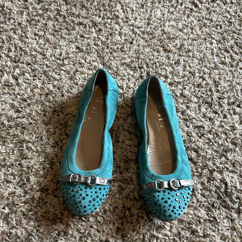 Agl Teal Studded Suede Ballet Flats with Silver Buckle